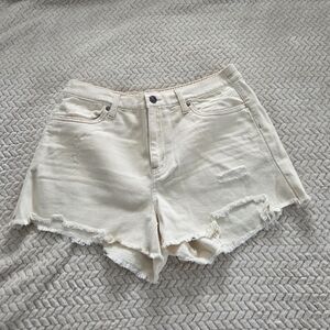 aerie Mid-Rise Raw Hem Cream Denim Shorts